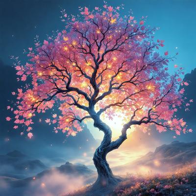 Primary subject: A tree with pink flowers.

Setting/background: A blue sky with clouds.

Visual style: Digital art.

Colors and mood: The tree is pink, and the flowers are white, creating a serene and peaceful atmosphere.